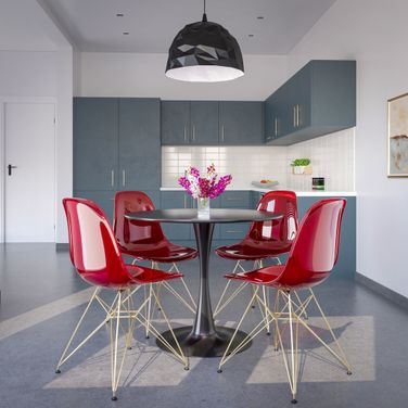 5 Piece Dining Set with 35 Inch Round Dining Table In Black Iron and 4 Abs Plastic Side Chair In Chrome and Transparent Red