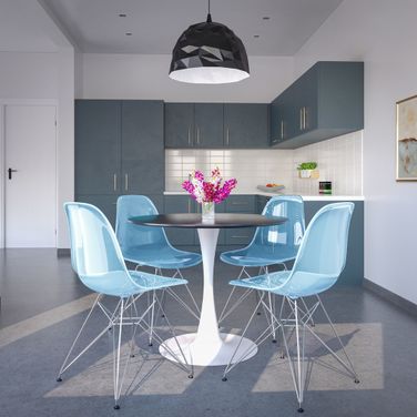 5-Piece Dining Set with 35 Inch Round Dining Table In White Iron and 4 Abs Plastic Side Chair In Chrome and Transparent Blue