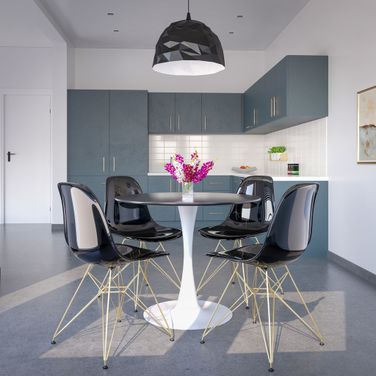 5-Piece Dining Set with 35 Inch Round Dining Table In White Iron Pedestal Base and 4 Abs Plastic Side Chair with Gold Base and Transparent Black