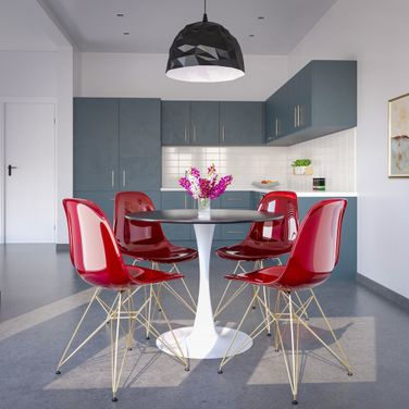 5-Piece Dining Set with 35 Inch Round Dining Table In White Iron Pedestal Base and 4 Abs Plastic Side Chair with Gold Base and Transparent Red