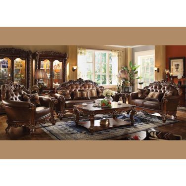 Acme Vendome 2 Piece Leather Upholstered Stationary Living Room Set In Cherry