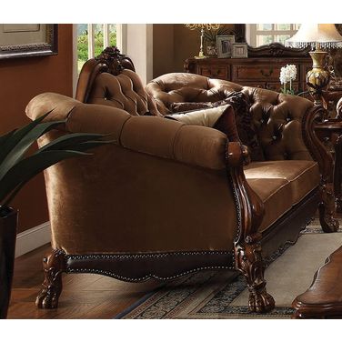 Dresden Loveseat in Golden Brown Velvet and Cherry Oak
