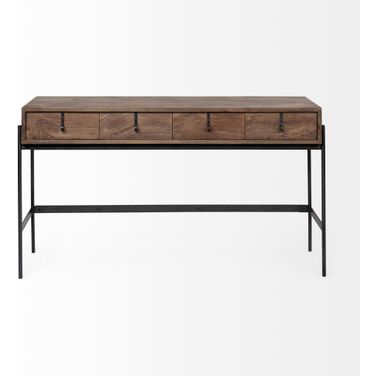 56 Inch Solid Wood and Metal Console Table with Four Drawers In Black and Brown