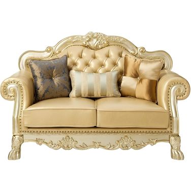 64 Inch Faux Leather Loveseat and Toss Pillows In Bone and Gold