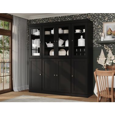 65 Inch Pantry China Cabinet with Clear Glass and Shaker Doors In Black
