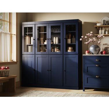65 Inch Pantry China Cabinet with Clear Glass and Shaker Doors In Navy Blue