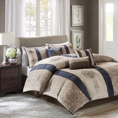7 Piece Jacquard King Comforter Set In Navy