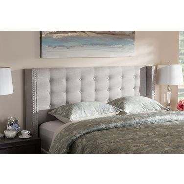 Baxton Studio Ginaro Modern And Contemporary Greyish Beige Fabric Button-Tufted Nail Head King Size Winged Headboard