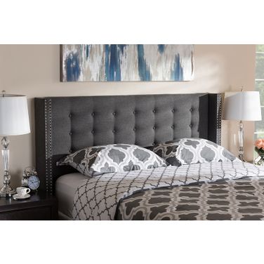 Baxton Studio Ginaro Modern And Contemporary Dark Grey Fabric Button-Tufted Nail Head King Size Winged Headboard