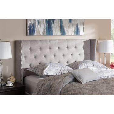 Baxton Studio Ally Modern And Contemporary Greyish Beige Fabric Button-Tufted Nail Head King Size Winged Headboard