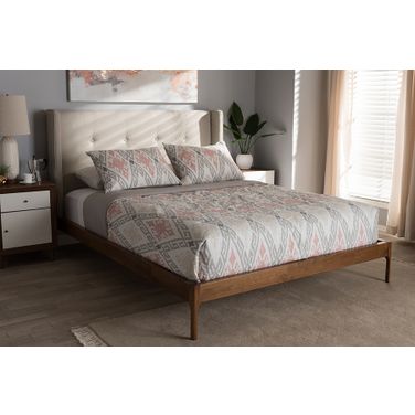 Baxton Studio Brooklyn Mid-Century Modern Walnut Wood Beige Fabric King Size Platform Bed