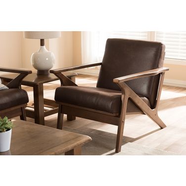 Baxton Studio Bianca Mid-Century Modern Walnut Wood Dark Brown Distressed Faux Leather Lounge Chair