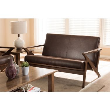 Baxton Studio Bianca Mid-Century Modern Walnut Wood Dark Brown Distressed Faux Leather 2-Seater Loveseat