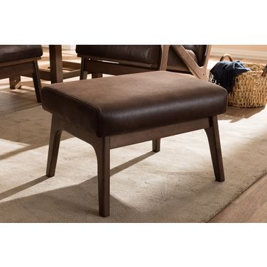 Baxton Studio Bianca Mid-Century Modern Walnut Wood Dark Brown Distressed Faux Leather Ottoman