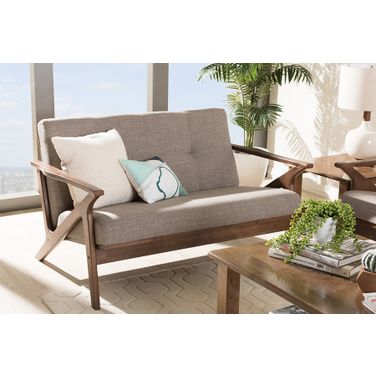 Baxton Studio Bianca Mid-Century Modern Walnut Wood Light Grey Fabric Tufted 2-Seater Loveseat