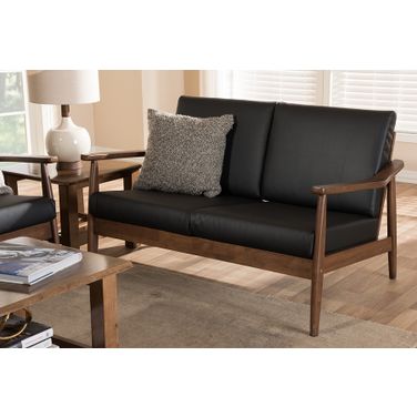 Baxton Studio Venza Mid-Century Modern Walnut Wood Black Faux Leather 2-Seater Loveseat