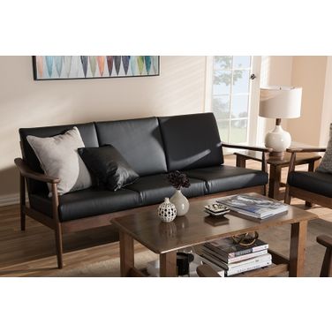 Baxton Studio Venza Mid-Century Modern Walnut Wood Black Faux Leather 3-Seater Sofa
