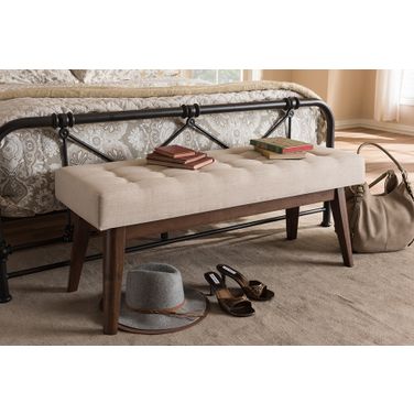 Baxton Studio Elia Mid-Century Modern Walnut Wood Light Beige Fabric Button-Tufted Bench