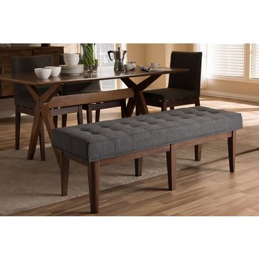 Baxton Studio Lucca Mid-Century Modern Walnut Wood Dark Grey Fabric Button-Tufted Bench