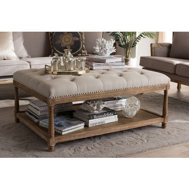 Baxton Studio Carlotta French Country Weathered Oak Beige Linen Rectangular Coffee Table Ottoman
