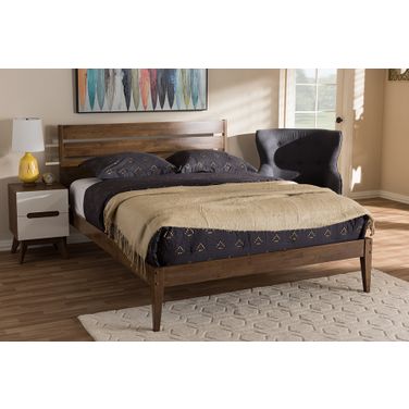 Baxton Studio Elmdon Mid-Century Modern Solid Walnut Wood Slatted Headboard Style King Size Platform Bed