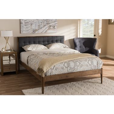 Baxton Studio Jupiter Mid-Century Modern Grey Fabric Upholstered Button-Tufted King Size Platform Bed