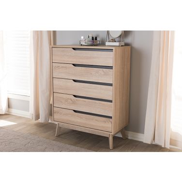 Baxton Studio Fella Mid-Century Modern Two-Tone Oak And Grey Wood 5-Drawer Chest