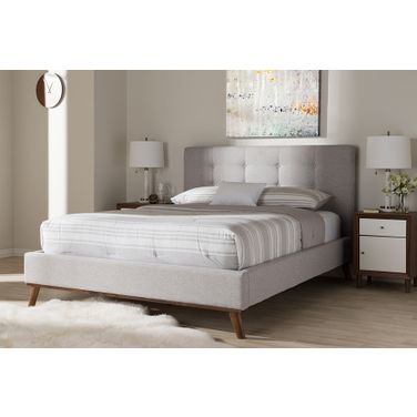 Baxton Studio Valencia Mid-Century Modern Greyish Beige Fabric Queen Size Platform Bed