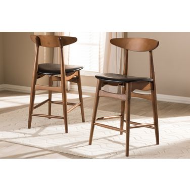 Baxton Studio Flora Mid-Century Modern Black Faux Leather Upholstered Walnut Finished Counter Stool (Set Of 2)