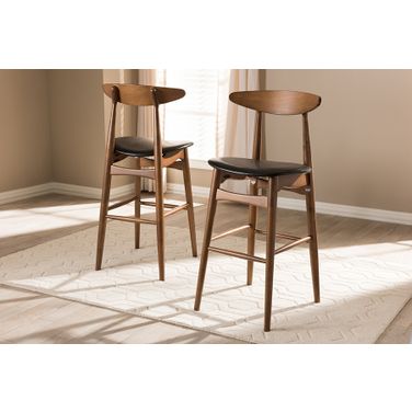 Baxton Studio Flora Mid-Century Modern Black Faux Leather Upholstered Walnut Finished Bar Stool (Set Of 2)