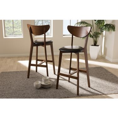 Baxton Studio Eline Mid-Century Modern Black Faux Leather Upholstered Walnut Finished Bar Stool (Set Of 2)