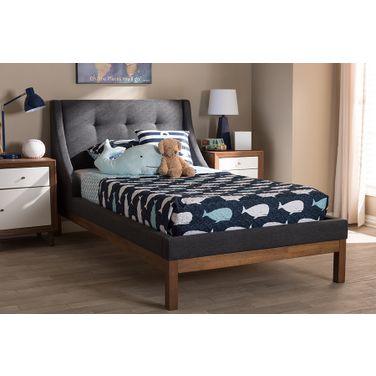 Baxton Studio Louvain Modern And Contemporary Dark Grey Fabric Upholstered Walnut-Finished Twin Sized Platform Bed