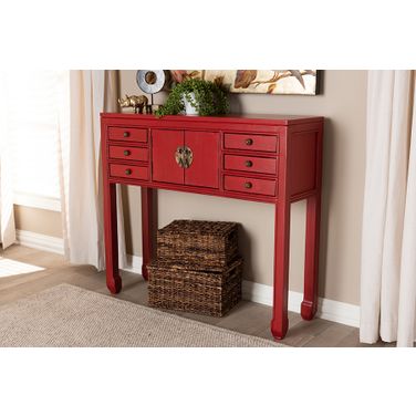 Melodie Classic And Antique Red Wood Bronze Finished Accents 6-Drawer Console Table