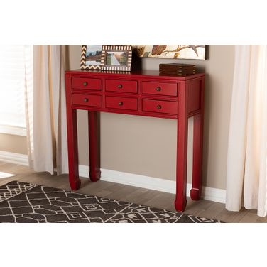 Pomme Classic And Antique Red Wood Bronze Finished Accents 6-Drawer Console Table