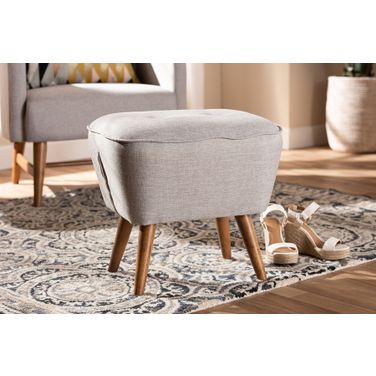Baxton Studio Petronelle Mid-Century Modern Greyish Beige Fabric Upholstered Walnut Brown Finished Wood Ottoman