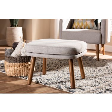 Baxton Studio Lovise Mid-Century Modern Greyish Beige Fabric Upholstered Walnut Brown Finished Wood Ottoman
