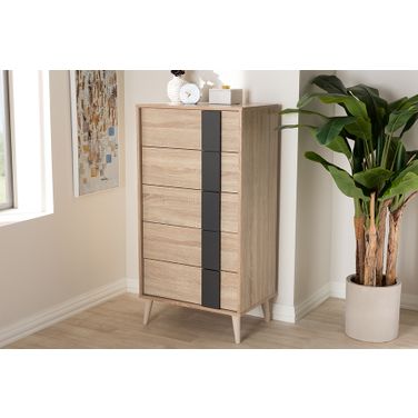 Baxton Studio Lisen Mid-Century Modern Light Oak And Grey 5-Drawer Chest