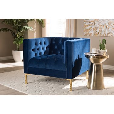 Baxton Studio Zanetta Luxe And Glamour Navy Velvet Upholstered Gold Finished Lounge Chair
