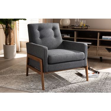 Baxton Studio Perris Mid-Century Modern Dark Grey Fabric Upholstered Walnut Wood Lounge Chair