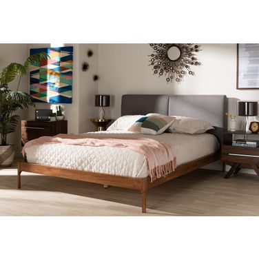 Baxton Studio Aveneil Mid-Century Modern Grey Fabric Upholstered Walnut Finished King Size Platform Bed