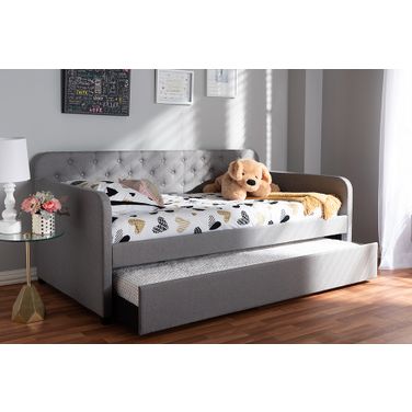 Baxton Studio Camelia Modern And Contemporary Grey Fabric Upholstered Button-Tufted Twin Size Sofa Daybed With Roll-Out Trundle Guest Bed