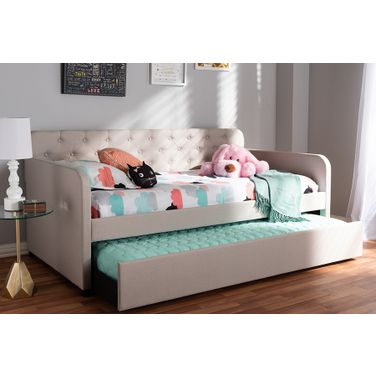 Baxton Studio Camelia Modern And Contemporary Beige Fabric Upholstered Button-Tufted Twin Size Sofa Daybed With Roll-Out Trundle Guest Bed