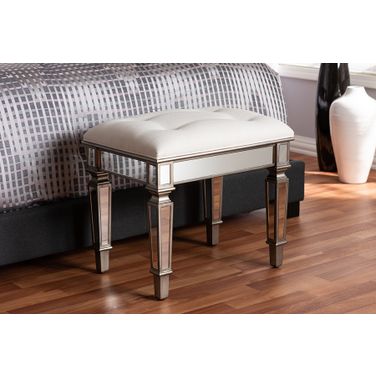 Baxton Studio Marielle Hollywood Regency Glamour Style Off White Fabric Upholstered Mirrored Ottoman Vanity Bench