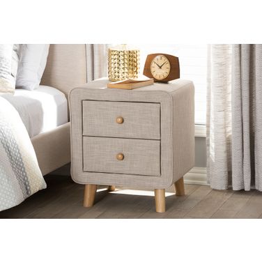 Baxton Studio Jonesy Mid-Century Beige Linen Upholstered 2-Drawer Nightstand