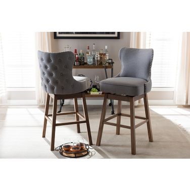 Baxton Studio Gradisca Modern And Contemporary Brown Wood Finishing And Grey Fabric Button-Tufted Upholstered Swivel Barstool Set of 2