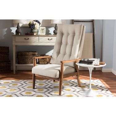 Baxton Studio Roxy Mid-Century Modern Walnut Brown Finish Wood And Light Beige Fabric Upholstered Button-Tufted High-Back Chair