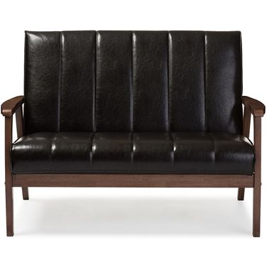 Baxton Studio Nikko Mid-Century Modern Scandinavian Style Dark Brown Faux Leather Wooden 2-Seater Loveseat