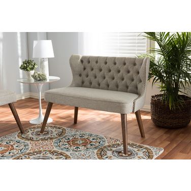 Baxton Studio Scarlett Mid-Century Modern Brown Wood And Light Beige Fabric Upholstered Button-Tufting With Nail Heads Trim 2-Seater Loveseat Settee