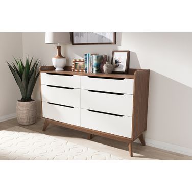 Baxton Studio Brighton Mid-Century Modern White And Walnut Wood 6-Drawer Storage Dresser