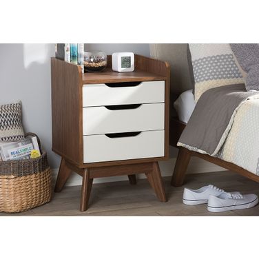 Baxton Studio Brighton Mid-Century Modern White And Walnut Wood 3-Drawer Storage Nightstand